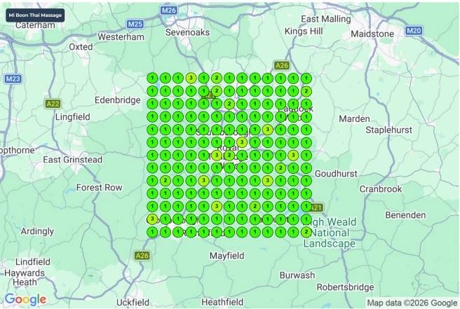 Google Business Profile ranking heatmap for MiBoon Thai Massage